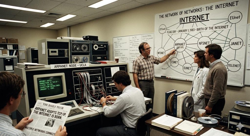 Em 1º de janeiro de 1983 ocorreu um evento histórico conhecido como “Flag Day”, quando a ARPANET passou oficialmente a utilizar o protocolo TCP/IP. Muitos historiadores consideram essa data como o verdadeiro nascimento técnico da Internet. A partir desse momento, várias redes independentes começaram a se conectar, formando uma grande “rede de redes”, conceito que originou o termo Internet.