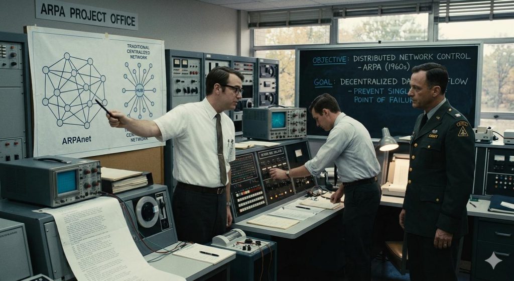 O Departamento de Defesa dos Estados Unidos, por meio da agência ARPA (Advanced Research Projects Agency), iniciou pesquisas durante a década de 1960 para desenvolver uma rede de computadores que não dependesse de um único ponto central de controle. O principal objetivo era evitar que a destruição de um centro de comunicação interrompesse completamente o fluxo de informações militares. Essa ideia representou uma ruptura importante com os sistemas tradicionais de comunicação da época, que eram altamente centralizados.
