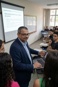 Professor Fernandes ministrando aula sobre Inteligência Artificial e Tecnologia da Informação no Instituto Federal de Pernambuco.