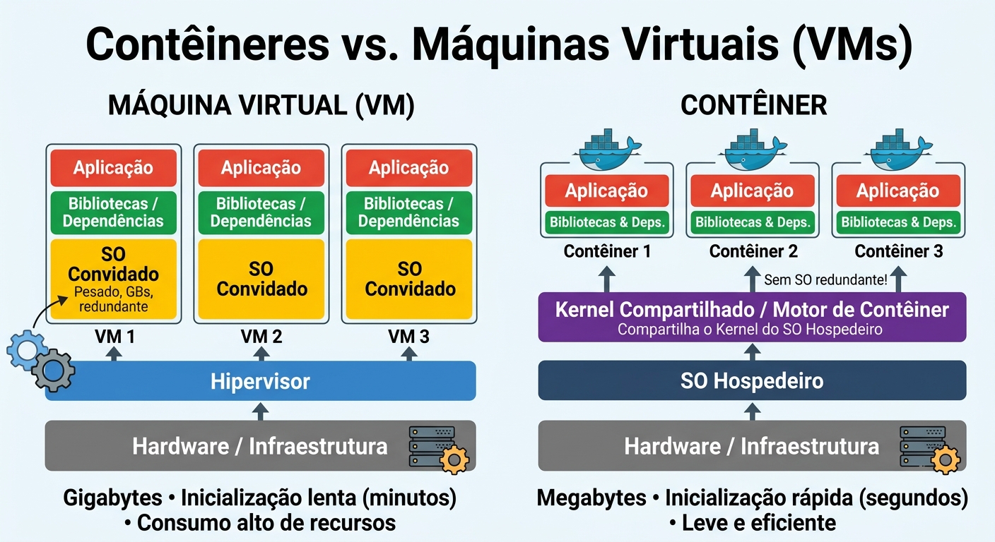 diferença de arquitetura e funcionamento entre Máquinas Virtuais (VMs) e Contêineres, destacando como as VMs duplicam o sistema operacional, enquanto os contêineres compartilham o mesmo kernel do hospedeiro