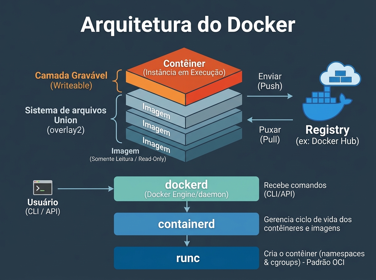 Arquitetura do Docker O Docker não é uma peça única de software: é um conjunto de componentes que trabalham em camadas.